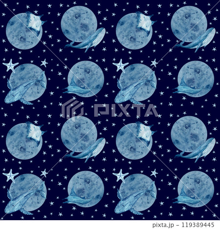 Moon and manta ray, starfish, blue whale seamless pattern on dark blue background. High quality hand-drawn blue monochromatic watercolor for textile, wrapping paper, posters, cards, souvenirs design Moon and manta ray, starfish, blue whale seamless pattern on dark blue background. High quality hand-drawn blue monochromatic watercolor for textile, wrapping paper, posters, cards, souvenirs design 119389445