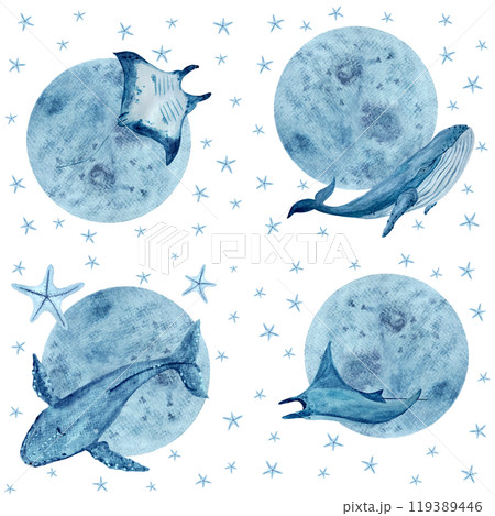 Moon and manta ray, starfish, blue whale seamless pattern isolated on white. High quality hand-drawn blue monochromatic watercolor for textile, wrapping paper, posters, cards, eco, souvenirs design 119389446