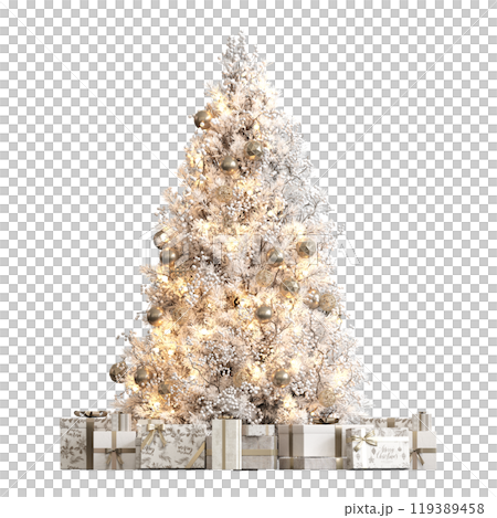 Christmas tree with decorations, isolated on white background, 3D illustration, cg render 119389458
