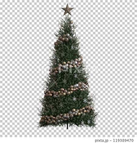 Christmas tree with decorations, isolated on white background, 3D illustration, cg render Christmas tree with decorations, isolated on white background, 3D illustration, cg render 119389470