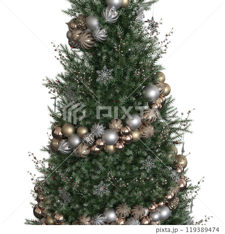 Christmas tree with decorations, isolated on white background, 3D illustration, cg render Christmas tree with decorations, isolated on white background, 3D illustration, cg render 119389474