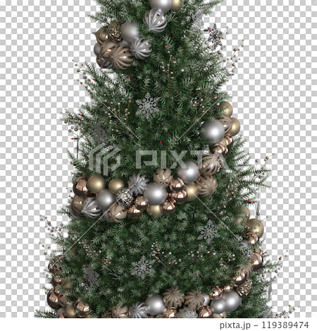 Christmas tree with decorations, isolated on white background, 3D illustration, cg render Christmas tree with decorations, isolated on white background, 3D illustration, cg render 119389474