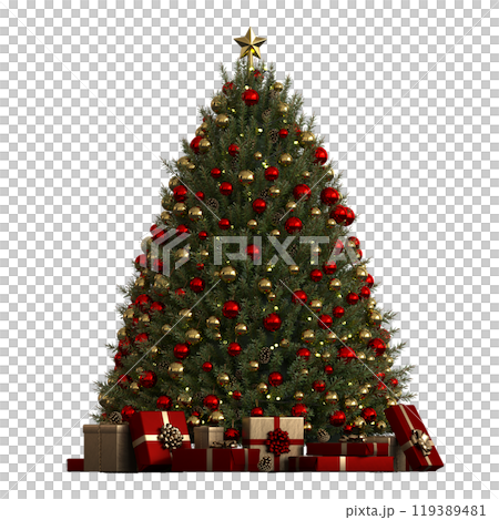 Christmas tree with decorations, isolated on white background, 3D illustration, cg render 119389481