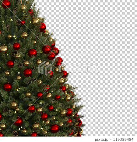 Christmas tree with decorations, isolated on white background, 3D illustration, cg render Christmas tree with decorations, isolated on white background, 3D illustration, cg render 119389484