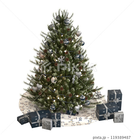 Christmas tree with decorations, isolated on white background, 3D illustration, cg render 119389487
