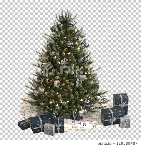 Christmas tree with decorations, isolated on white background, 3D illustration, cg render 119389487