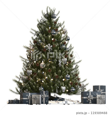 Christmas tree with decorations, isolated on white background, 3D illustration, cg render 119389488