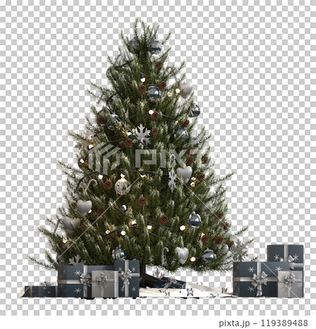 Christmas tree with decorations, isolated on white background, 3D illustration, cg render 119389488