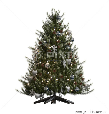 Christmas tree with decorations, isolated on white background, 3D illustration, cg render 119389490
