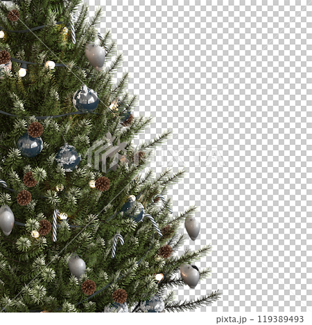 Christmas tree with decorations, isolated on white background, 3D illustration, cg render Christmas tree with decorations, isolated on white background, 3D illustration, cg render 119389493