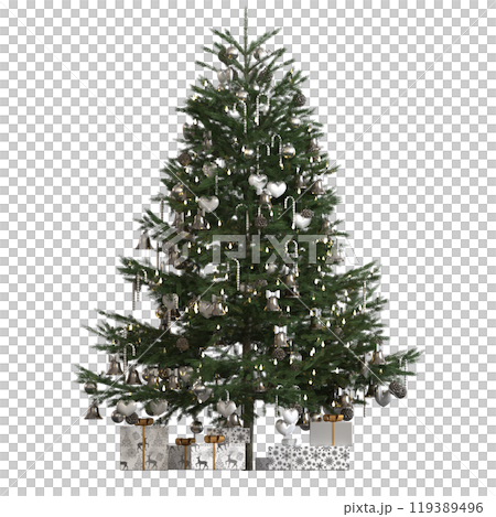 Christmas tree with decorations, isolated on white background, 3D illustration, cg render Christmas tree with decorations, isolated on white background, 3D illustration, cg render 119389496