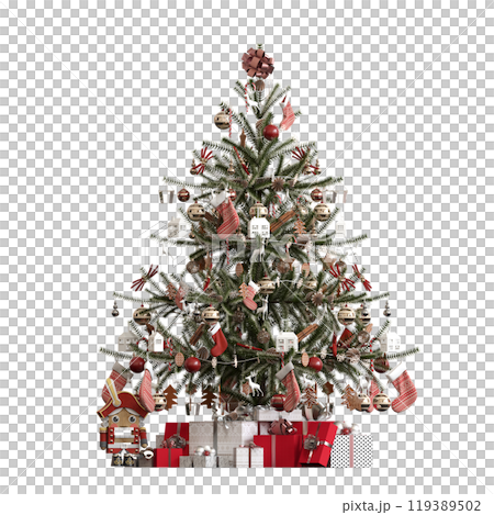 Christmas tree with decorations, isolated on white background, 3D illustration, cg render 119389502