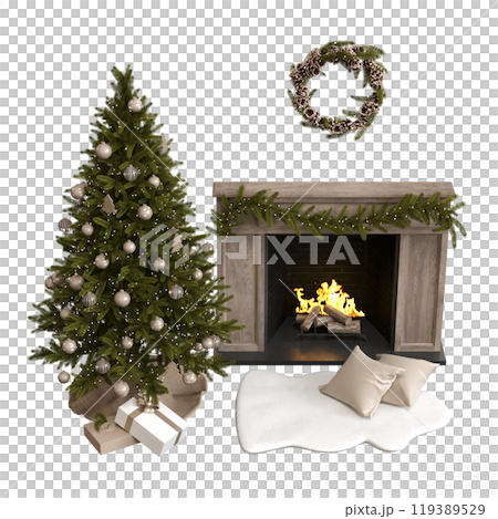 Christmas tree with decorations, isolated on white background, 3D illustration, cg render 119389529