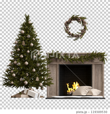 Christmas tree with decorations, isolated on white background, 3D illustration, cg render 119389530