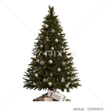 Christmas tree with decorations, isolated on white background, 3D illustration, cg render 119389531