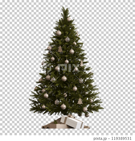 Christmas tree with decorations, isolated on white background, 3D illustration, cg render 119389531