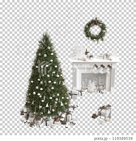 Christmas tree with decorations, isolated on white background, 3D illustration, cg render 119389539