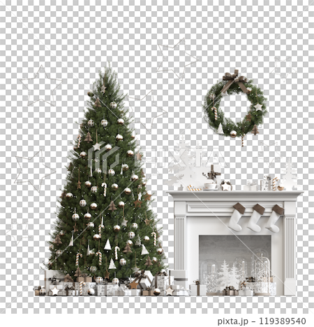 Christmas tree with decorations, isolated on white background, 3D illustration, cg render Christmas tree with decorations, isolated on white background, 3D illustration, cg render 119389540