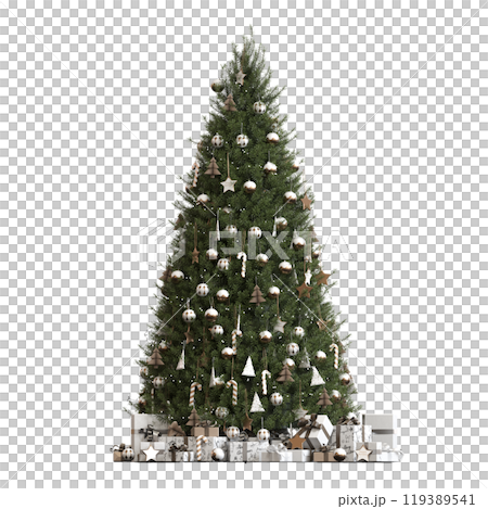 Christmas tree with decorations, isolated on white background, 3D illustration, cg render Christmas tree with decorations, isolated on white background, 3D illustration, cg render 119389541