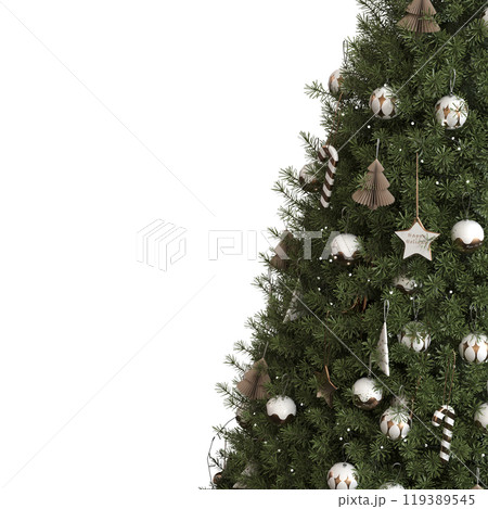 Christmas tree with decorations, isolated on white background, 3D illustration, cg render Christmas tree with decorations, isolated on white background, 3D illustration, cg render 119389545