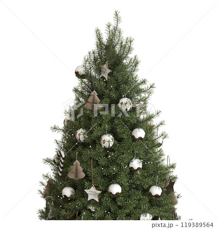Christmas tree with decorations, isolated on white background, 3D illustration, cg render Christmas tree with decorations, isolated on white background, 3D illustration, cg render 119389564