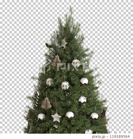Christmas tree with decorations, isolated on white background, 3D illustration, cg render Christmas tree with decorations, isolated on white background, 3D illustration, cg render 119389564