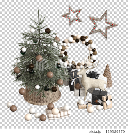 Christmas tree with decorations, isolated on white background, 3D illustration, cg render Christmas tree with decorations, isolated on white background, 3D illustration, cg render 119389570
