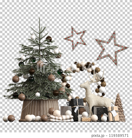 Christmas tree with decorations, isolated on white background, 3D illustration, cg render Christmas tree with decorations, isolated on white background, 3D illustration, cg render 119389571