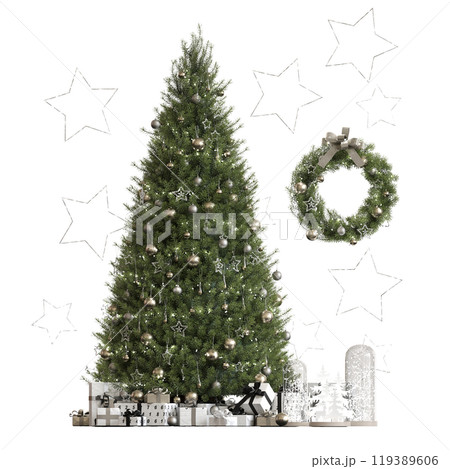 Christmas tree with decorations, isolated on white background, 3D illustration, cg render Christmas tree with decorations, isolated on white background, 3D illustration, cg render 119389606