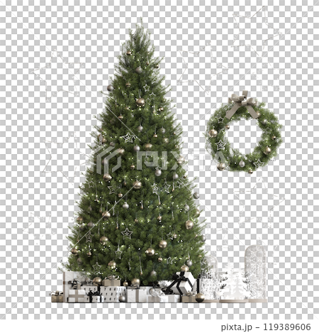 Christmas tree with decorations, isolated on white background, 3D illustration, cg render Christmas tree with decorations, isolated on white background, 3D illustration, cg render 119389606