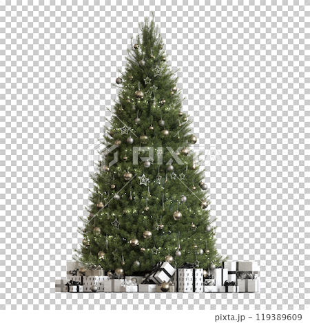 Christmas tree with decorations, isolated on white background, 3D illustration, cg render 119389609