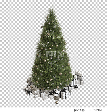 Christmas tree with decorations, isolated on white background, 3D illustration, cg render 119389610