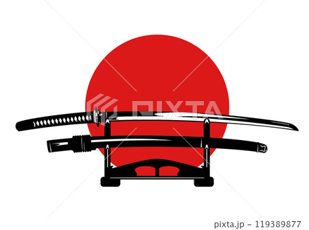 japanese samurai katana sword with scabbard put on stand with red sun circle vector design 119389877
