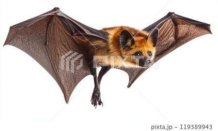 Siamese Flying Fox with large stretched wings is gracefully captured mid flight showcasing its distinctive fur and features against a clean white backdrop. 119389943