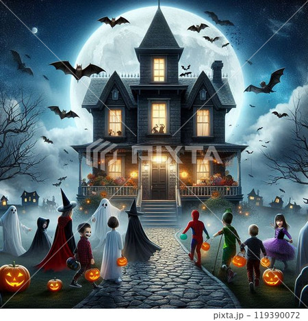 ハロウィンの飾りつけをしたハロウィーンの夜 119390072