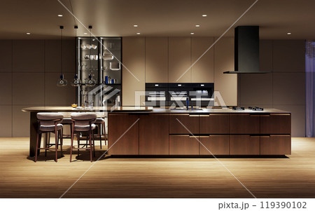 ラグジュアリーインテリア　高級感のある広い夜のダイニングキッチン 119390102