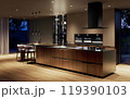 ラグジュアリーインテリア　高級感のある広い夜のダイニングキッチン 119390103