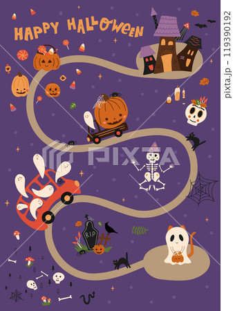 Halloween map, maze or labyrinth vector card for kids. Cute Halloween party invitation. Halloween map, maze or labyrinth vector card for kids. Cute Halloween party invitation. 119390192