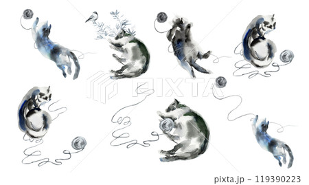 Set of cat sketches with woolen threads and bird. Animal print stains, beautiful shapes, pastel color palette. Watercolor illustration of sleeping, lying, playing pet with the ball of wool. Used in 119390223