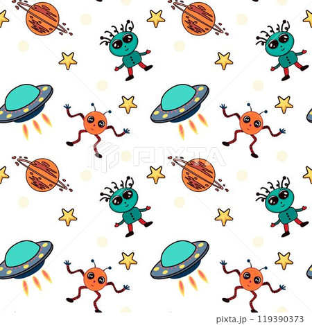 Seamless childish space pattern with funny aliens, Flying Saucers, stars, planets on white background. For children's textiles, wrapping paper, fabric, nursery, wall, book cover, textile, cards. Seamless childish space pattern with funny aliens, Flying Saucers, stars, planets on white background. For children's textiles, wrapping paper, fabric, nursery, wall, book cover, textile, cards. 119390373