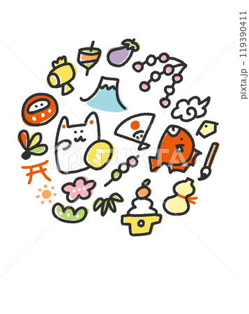 正月の可愛いイラスト 年賀状素材 手描き 線画 正月の可愛いイラスト 年賀状素材 手描き 線画 119390411