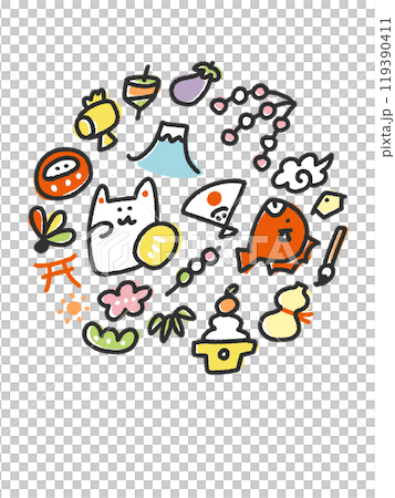 Cute New Year's illustrations, New Year's card materials, hand-drawn, line drawings Cute New Year's illustrations, New Year's card materials, hand-drawn, line drawings 119390411