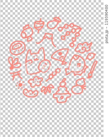 Cute illustrations of lucky New Year's items, New Year's card materials, hand-drawn, line drawings Cute illustrations of lucky New Year's items, New Year's card materials, hand-drawn, line drawings 119390480