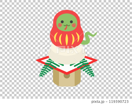 鏡餅の上にのった、達磨の衣装を着た、蛇のキャラクターのイラスト 119390723