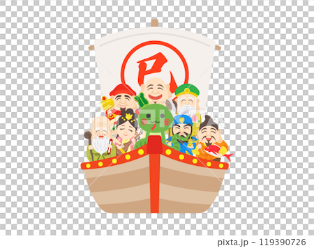 Illustration of a treasure ship carrying a snake and the Seven Lucky Gods Illustration of a treasure ship carrying a snake and the Seven Lucky Gods 119390726