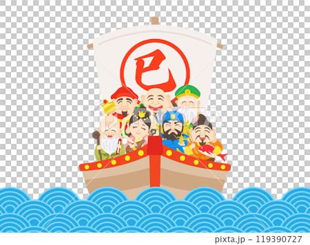 Illustration of a treasure ship carrying the Seven Lucky Gods at sea in the Year of the Snake 119390727