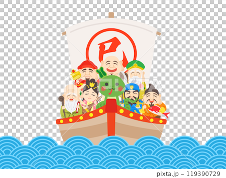 Illustration of a treasure ship at sea carrying a snake and the Seven Lucky Gods Illustration of a treasure ship at sea carrying a snake and the Seven Lucky Gods 119390729