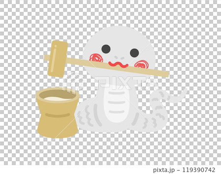 Illustration of a white snake character pounding mochi 119390742