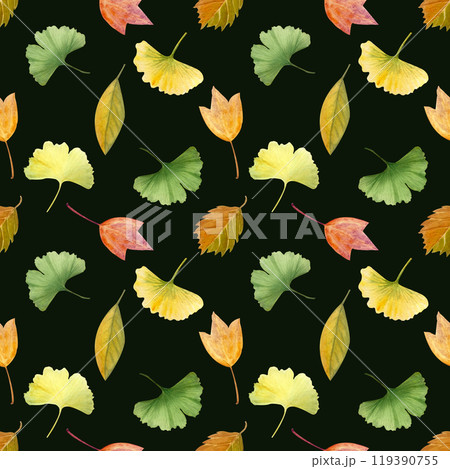 Ginkgo, autumn leaves seamless pattern on black background. High quality hand-painted detailed textured watercolor perfect for textile, wrapping paper, stationary, decor. Yellow, orange, green 119390755