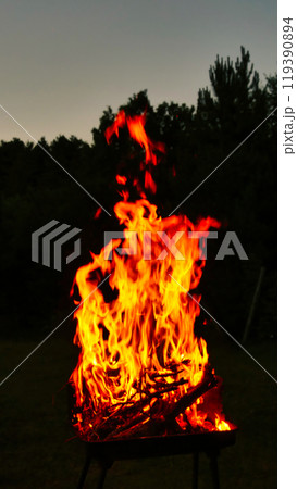 Burning firewood making large flames in a barbecue grill at dusk Burning firewood making large flames in a barbecue grill at dusk 119390894